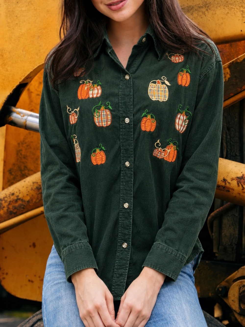 Vintage Mandal Bay Green Corduroy Button-Up Shirt Pumpkins Halloween Size 3X
